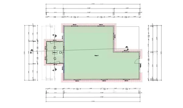 Grundriss eines Gartenhauses mit Raum 1 und Raum 3. Der Plan zeigt Maße und Details, um das Gartenhaus plan zeichnen zu können.