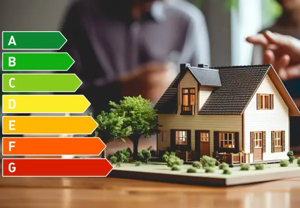 Energieeffizienz-Skala neben Hausmodell. Ein Energieberater erstellt einen Sanierungsfahrplan für Ihr Zuhause.
