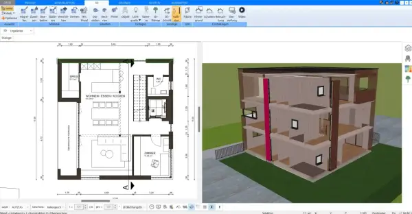 Grundriss in 3D umwandeln: Ein zweidimensionaler Bauplan wird zu einem dreidimensionalen Modell eines modernen Hauses mit mehreren Etagen.