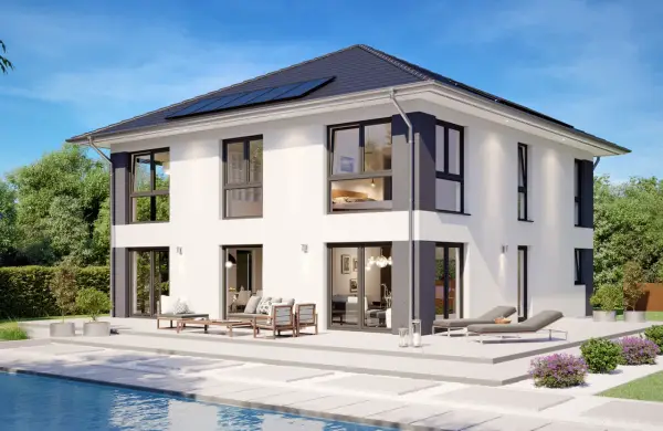 Moderne Stadtvilla mit Pool und Gartenmöbeln. Die Definition einer Stadtvilla: ein repräsentatives Wohnhaus in der Stadt.
