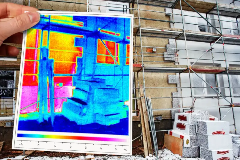 Thermografie untersuchung zeigt Wärmeverlust an einem Gebäude mit Gerüst. Farbige Darstellung von Temperaturunterschieden.