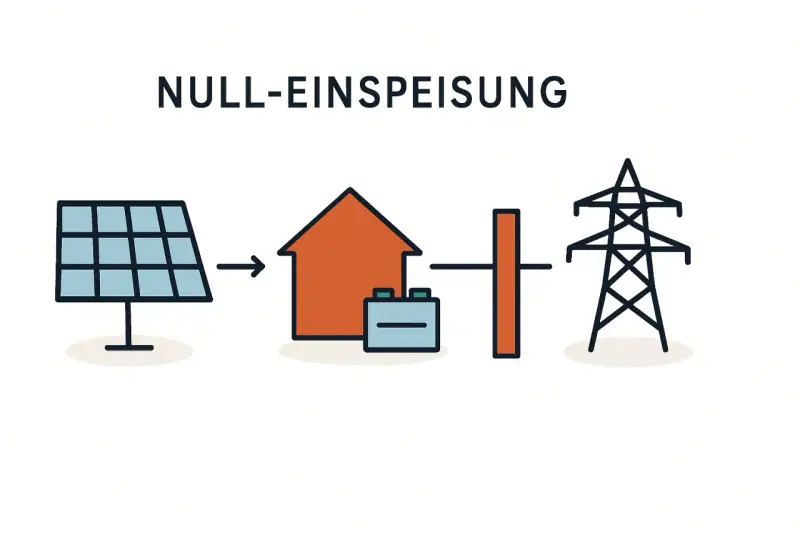 Schema zeigt PV-Anlage, Haus mit Speicher und Strommast. Ziel: PV-Nulleinspeisung, also kein Strom ins Netz.